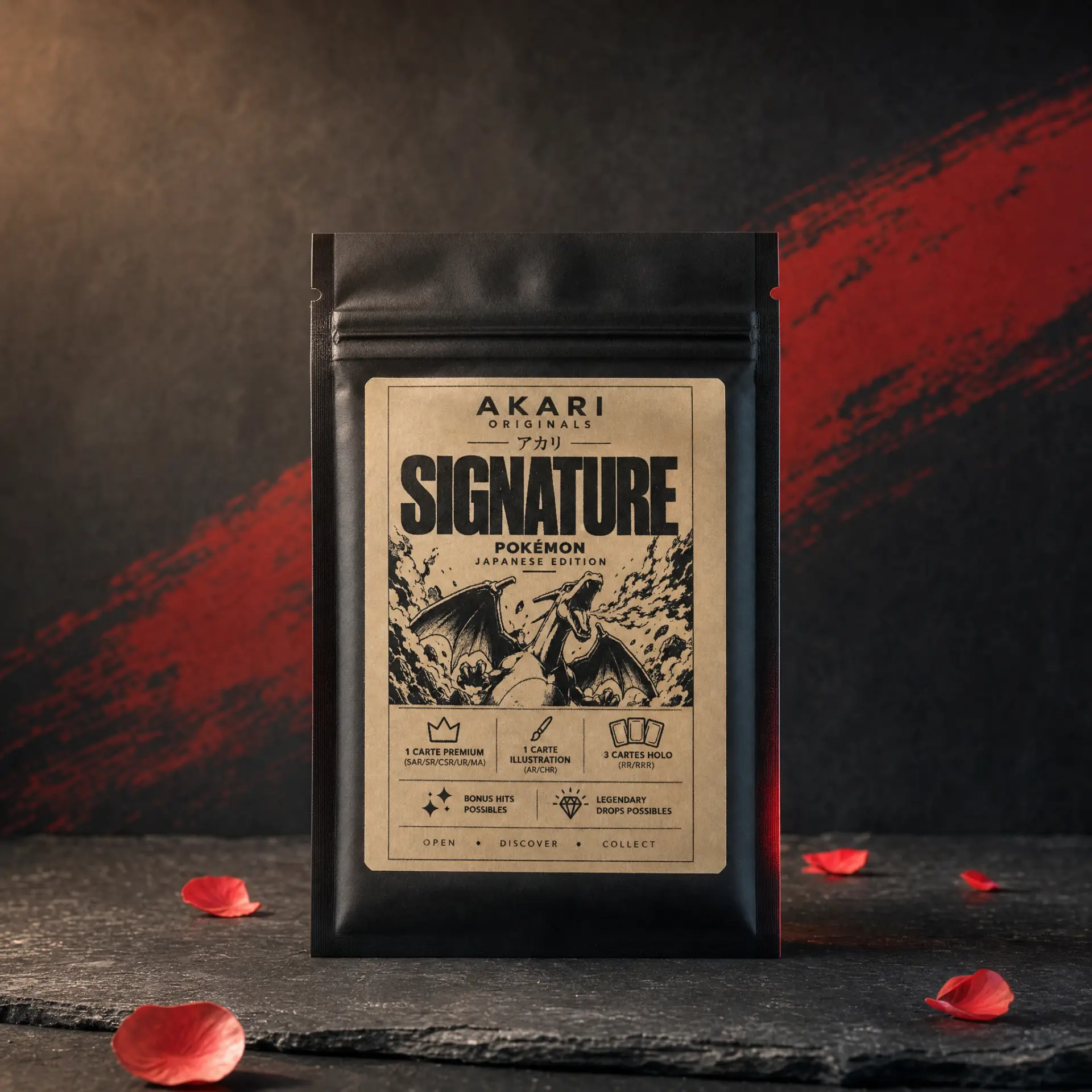 Akari Signature Pokémon Japanese Edition — sachet noir à étiquette kraft posé sur une pierre sombre, pétales rouges