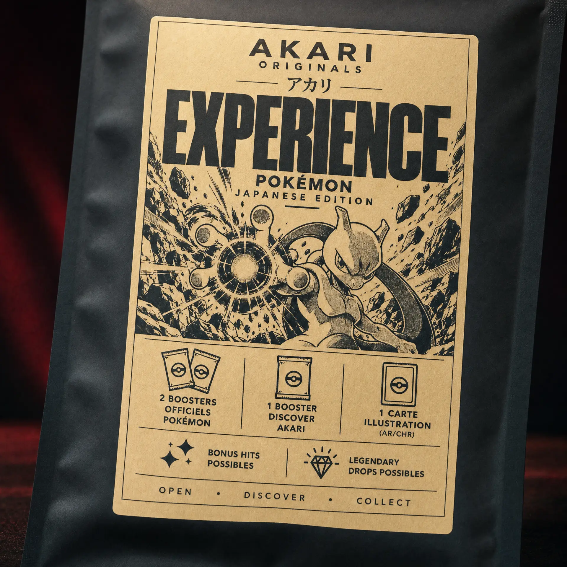 Gros plan sur l'étiquette kraft Akari Experience Pokémon : 2 boosters officiels, 1 booster Discover Akari, 1 carte illustration