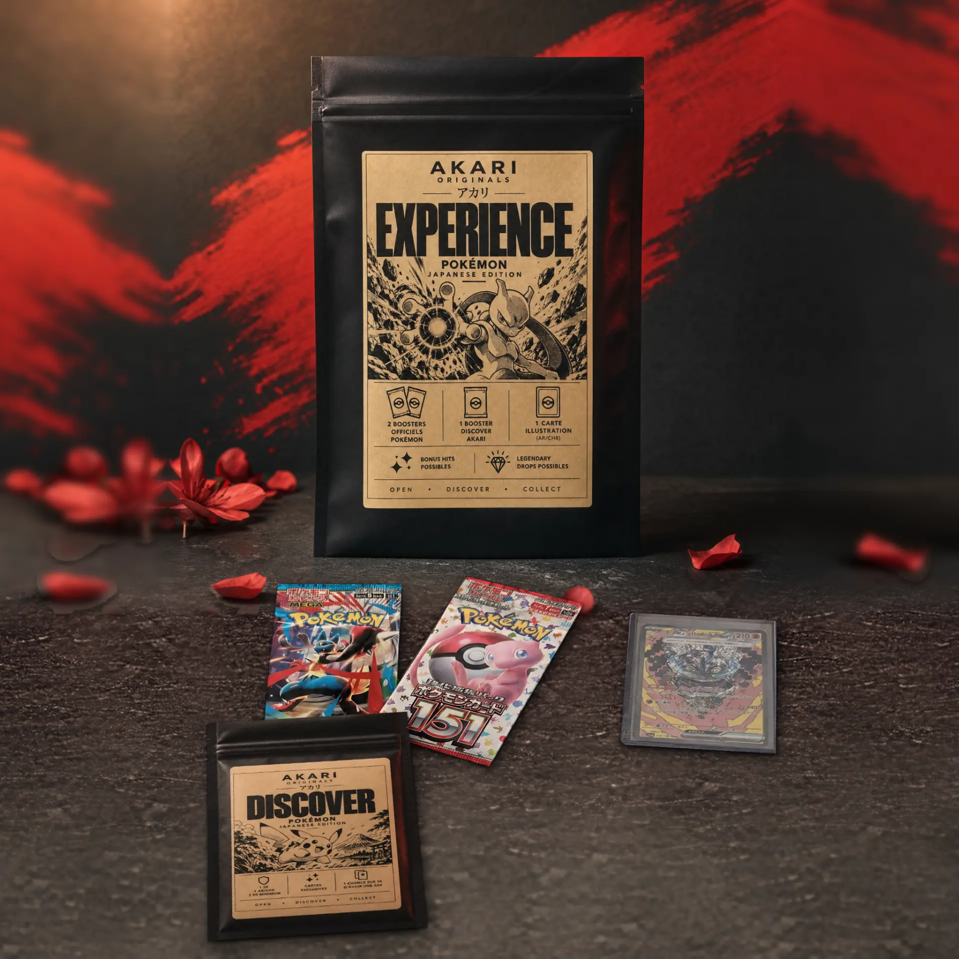 Sachet Akari Experience Pokémon devant un tracé de pinceau rouge : deux boosters officiels japonais (Méga-Lucario et Pokémon Card 151), un petit sachet Discover Akari et une carte illustration en étui rigide, pétales et fleurs rouges sur pierre sombre